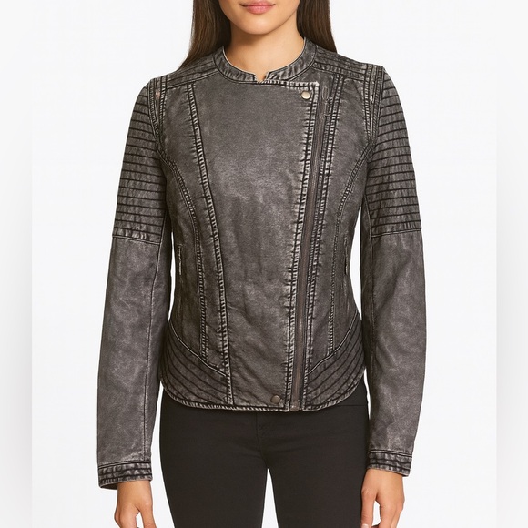 JouJou Moto Jacket Women’s M Black Vegan Leather Biker Zip Front Edgy Punk - Picture 1 of 13